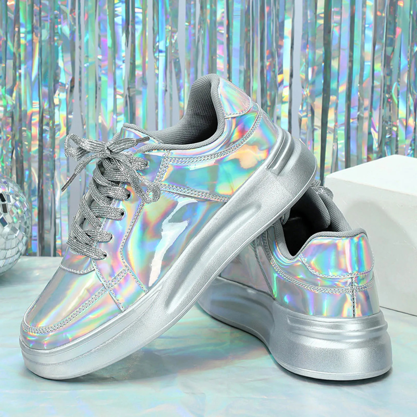 Women Casual Shoes Fashion Breathable Walking Sneakers Couples Fashion Thick Soled Sequins Lace Up Heightening Casual Tenis 250206