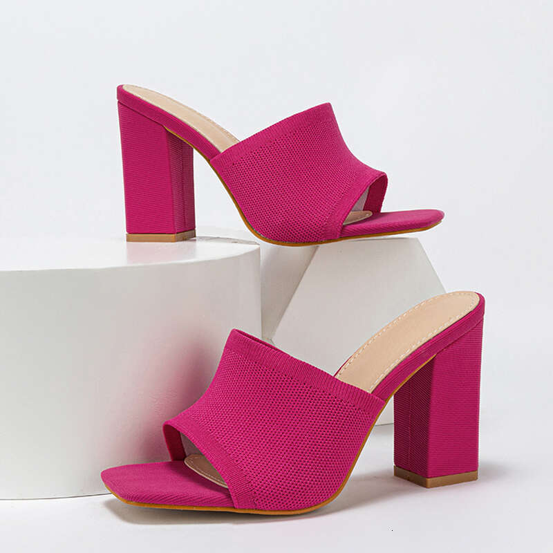 Liyke Orange Knitted Stretch Fabric Women's Thick Heels Slippers Summer Fashion Open Toe Gladiator Sandals Female Shoes Pumps
