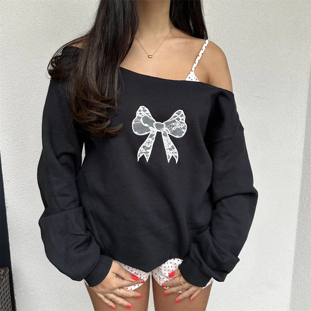 Women Coquette y2k Clothes Off Shoulder Sweatshirts Bow Print Loose Long Sleeve Pullovers Crewneck Kawaii Tops Streetwear 250121