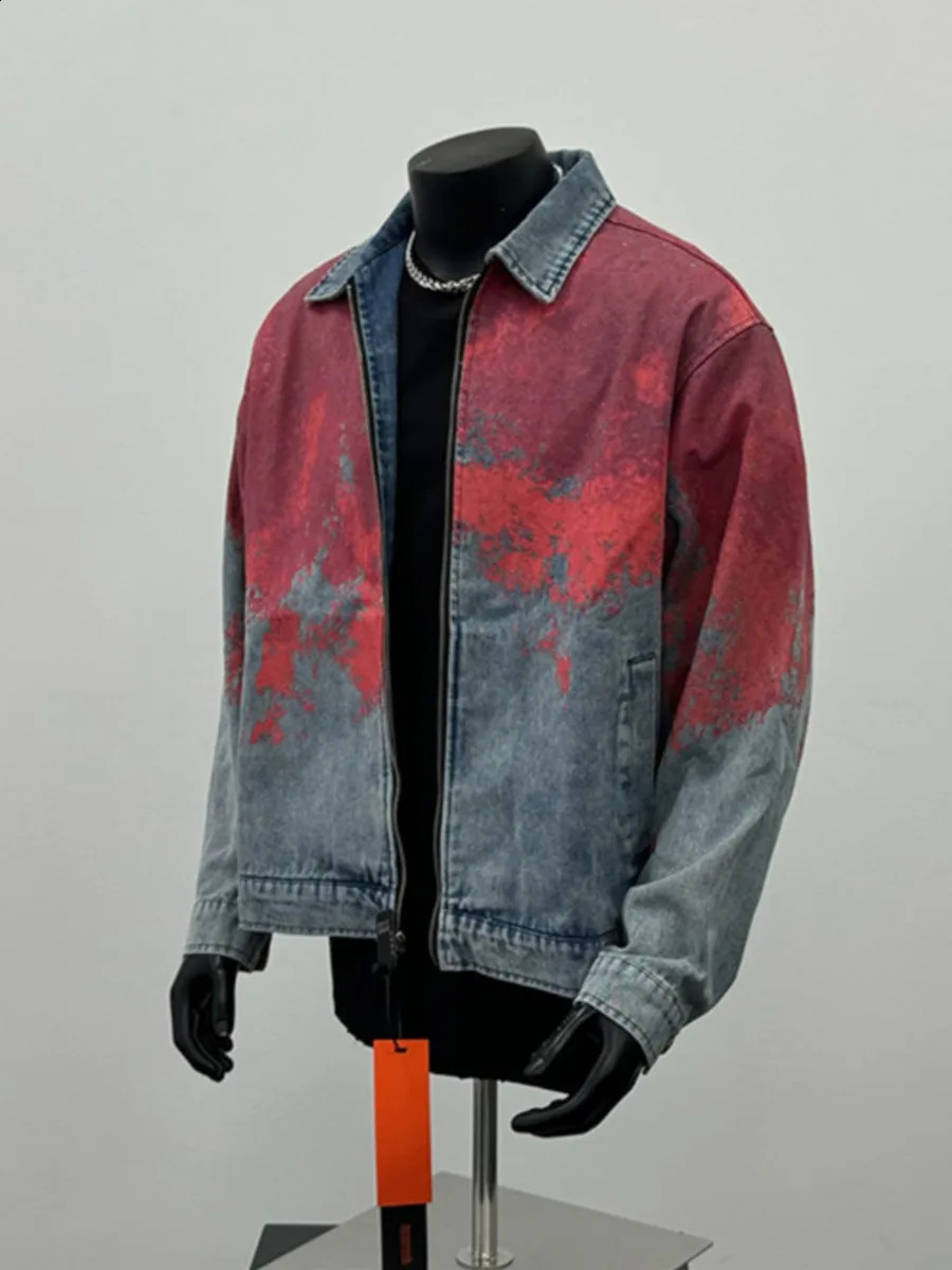 Retro Tie Dye Washed Denim Jacket Men Women Varsity University Coat High Streetwear Old School Chic Cow Boy Bomber Coat 250206