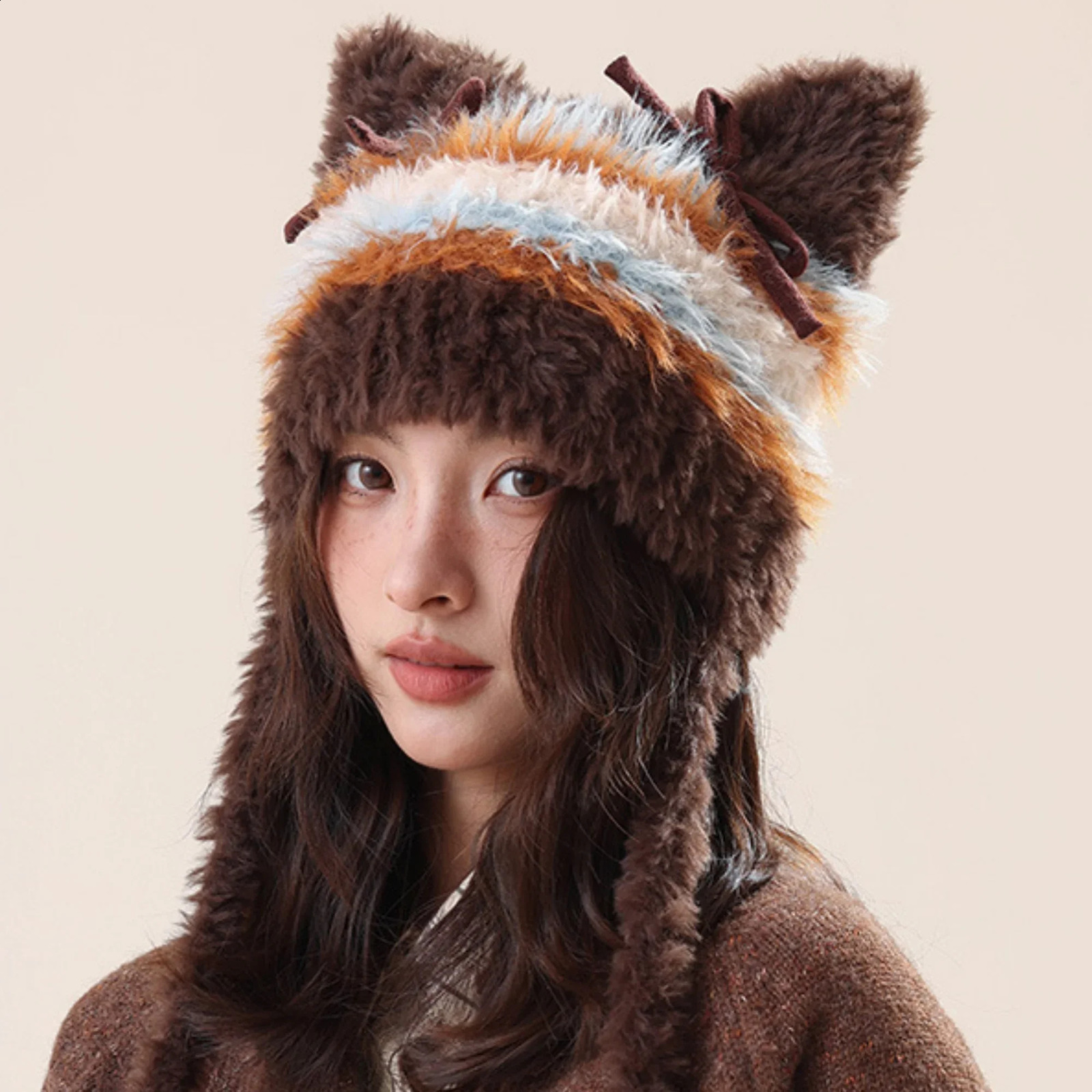 Bow Fashion Personalized Cat Ear Keep Warm Knitted Hat Multicolour Striped Plush Winter Hat Beanie Athleisur Bonnet Female 250120
