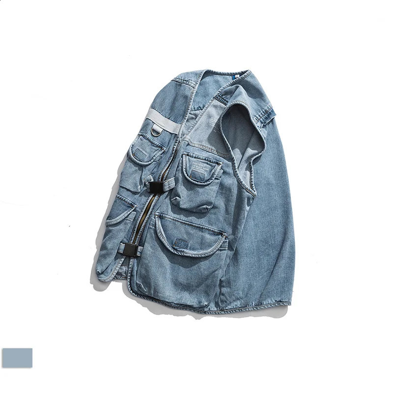 Japanese Fashion Mens Vest High Street Casual Cargo Denim Vest V-neck Sleeveless Blue Jean Jacket Youth Streetwear Men Waistcoat 250206