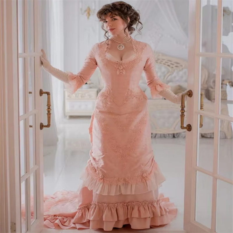 Historical Pink Prom Dress Victorian Era Medieval Renaissance Evening Dress Aesthetic Bustle French Duchess Party Engagement Formal Occasion Dress 202