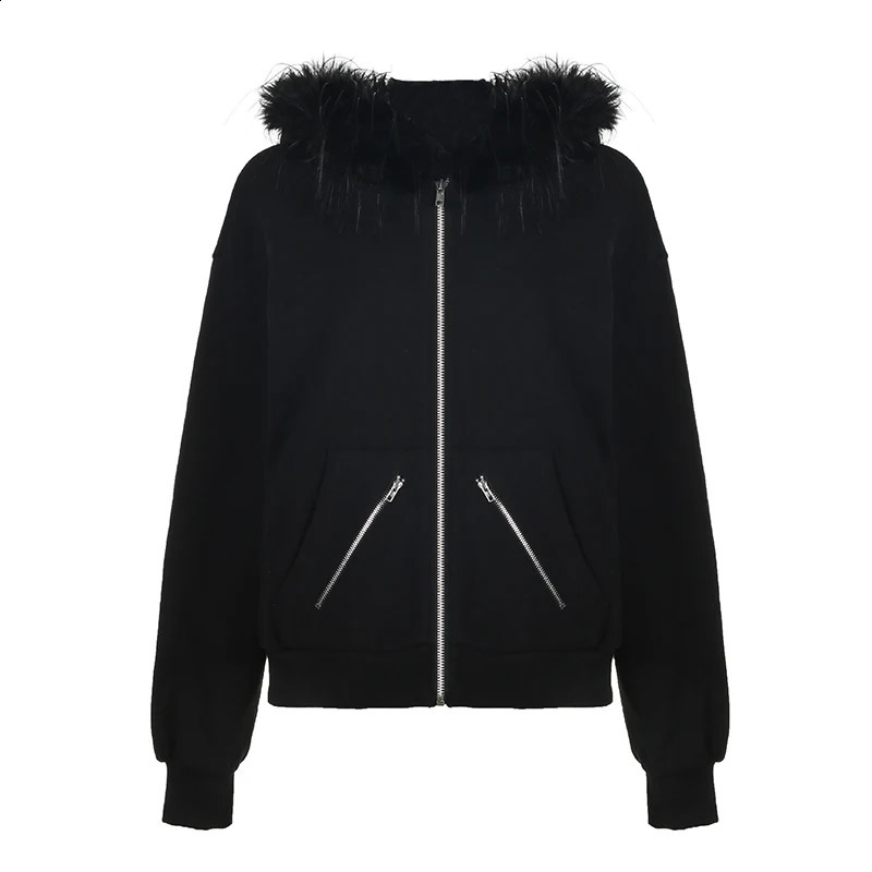 CIBBAR Autumn Winter Furry Collar Hoodies Full Zip-up Loose Long Sleeve Black Hooded Sweatshirt y2k Streetwear Women Outwear 90s 250206