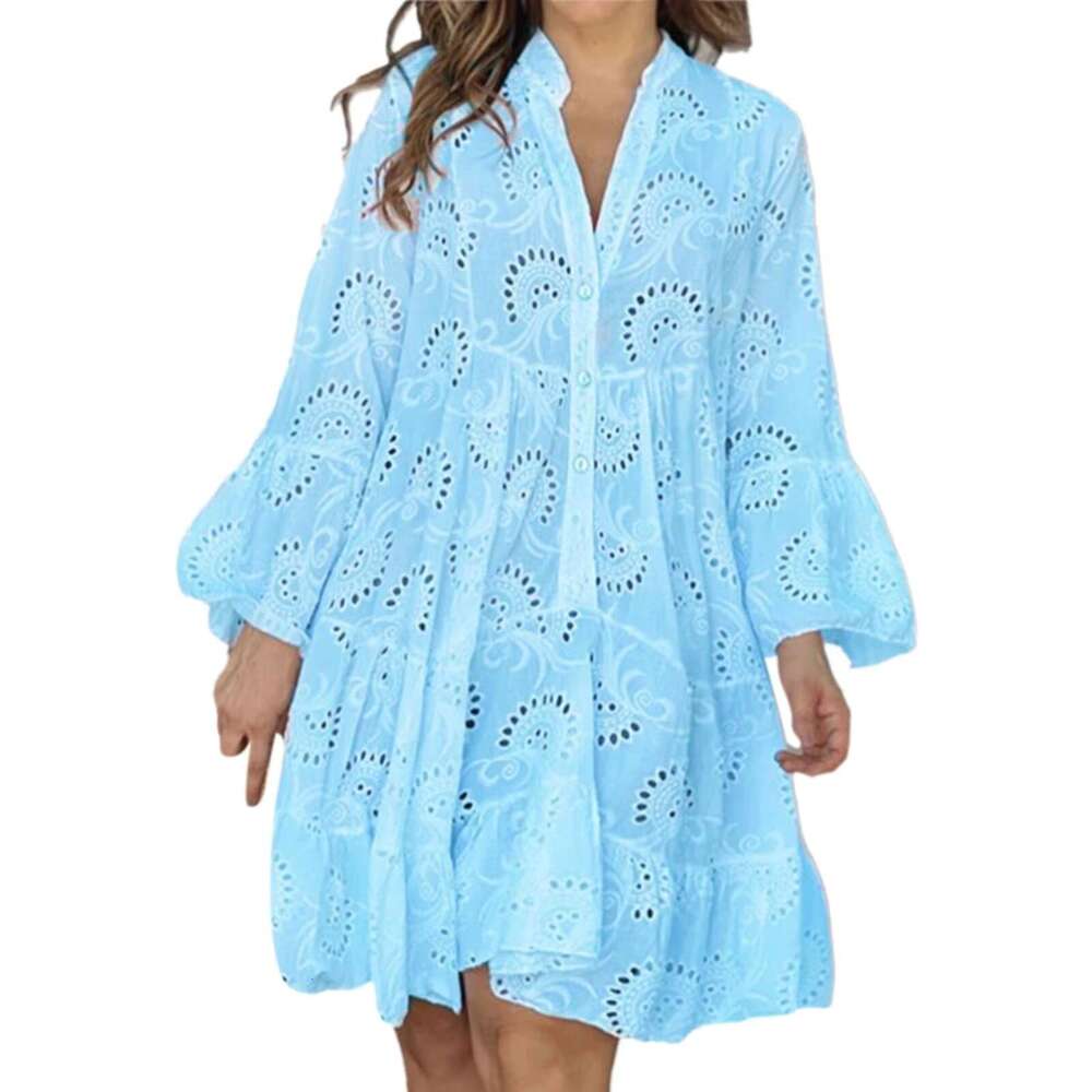 Plus Size S-5XL Hollow Out Dresses for Women Summer Elegant Solid Embroidered Lace Loose Holiday Beach Mini Dress White R250206