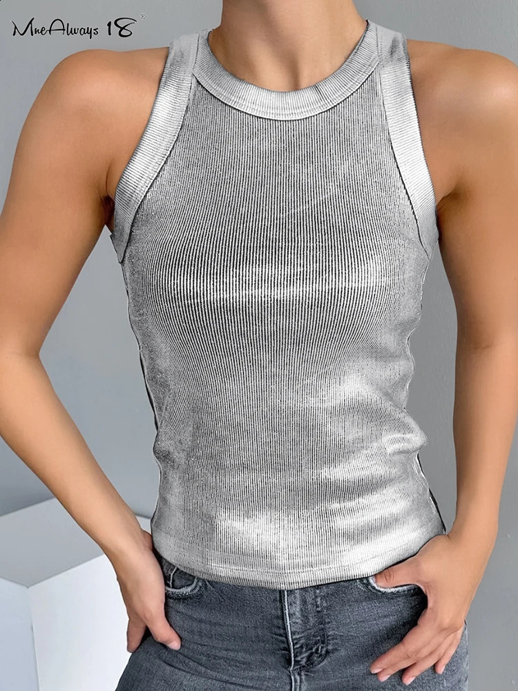 Mnealways18 Silver Pleated Tanks Tops Summer Street Style Sleeveless Slim Ribbed Knitting Camis Basic O-Neck Ladies Tops 250206