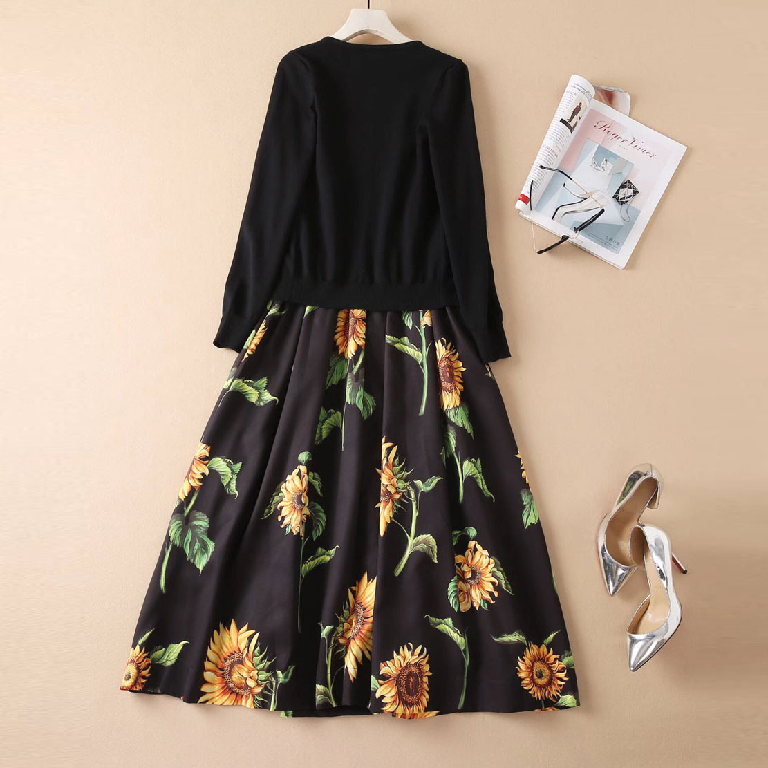 OC1325M7 Women's Two Piece Sets Multicolored Dress Round Neck Long Sleeved Embroidered Knitted Top+printed Dress