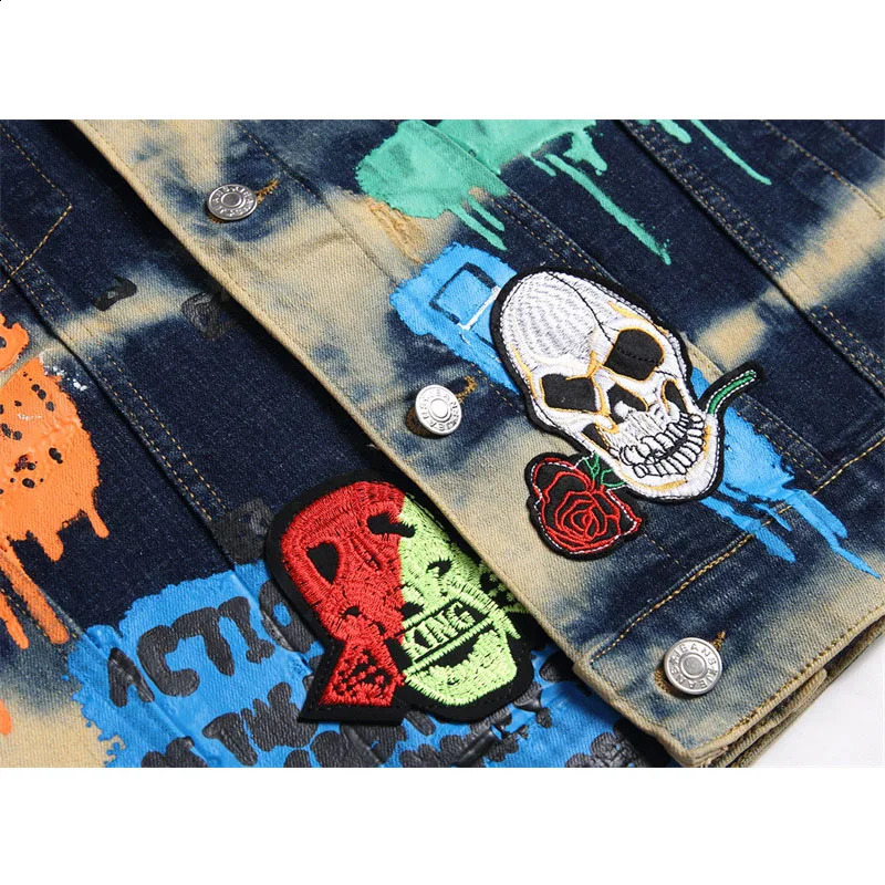 Embroidery Graffiti Denim Vests Mens Punk Denim Waistcoat Sleeveless Outerwear Youth Yashion Jeans Vests Cardigan 250206