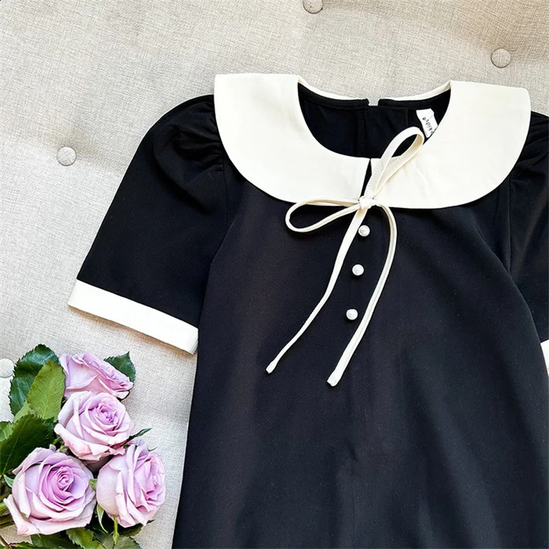 Girls Summer Dresses Children Temperament Princess Gown Teenager Fashion Bow Vestidos Kids Peter Pan Collar Clothing 250114