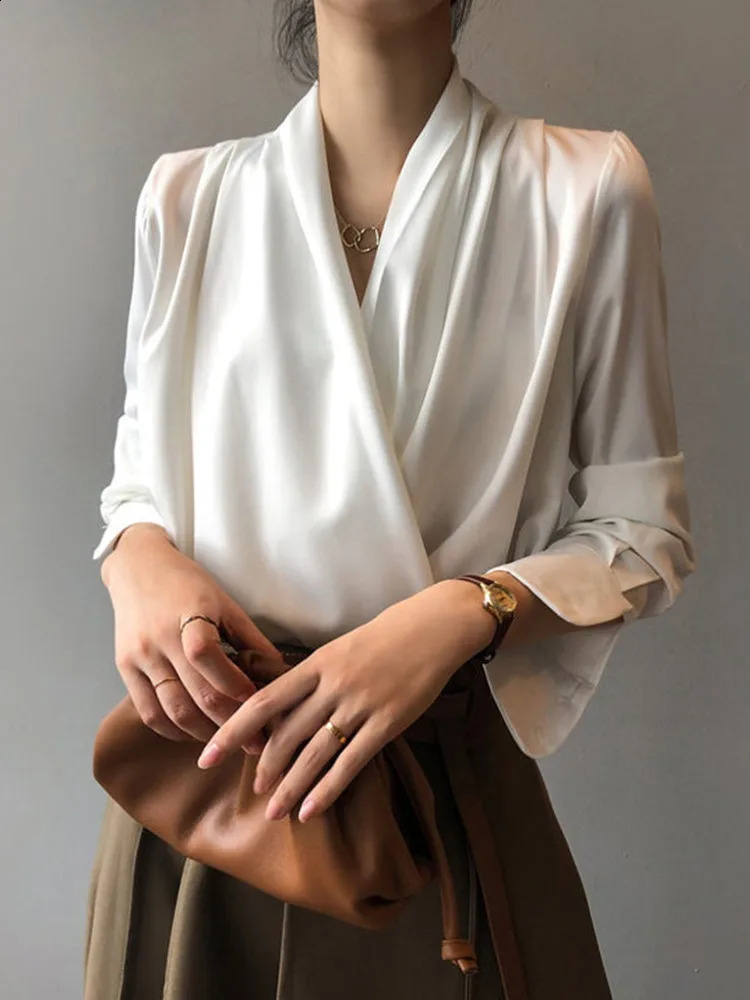 Fashion Casual Satin Sag Cross Collar Women Tops Elegant Solid Color Longsleeved Shirt Womens Clothing Sales 250121