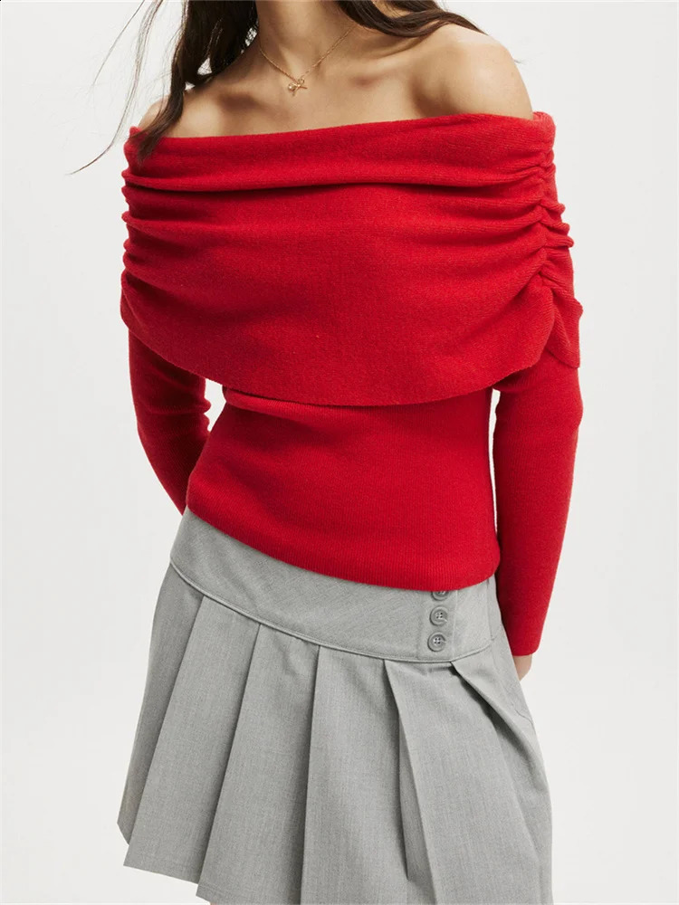 CHRONSTYLE Women Slash Neck Off Shoulder Sweaters Long Sleeve Solid Color Knitted Pullovers Slim Fit Ruched Tops Jumpers 250206