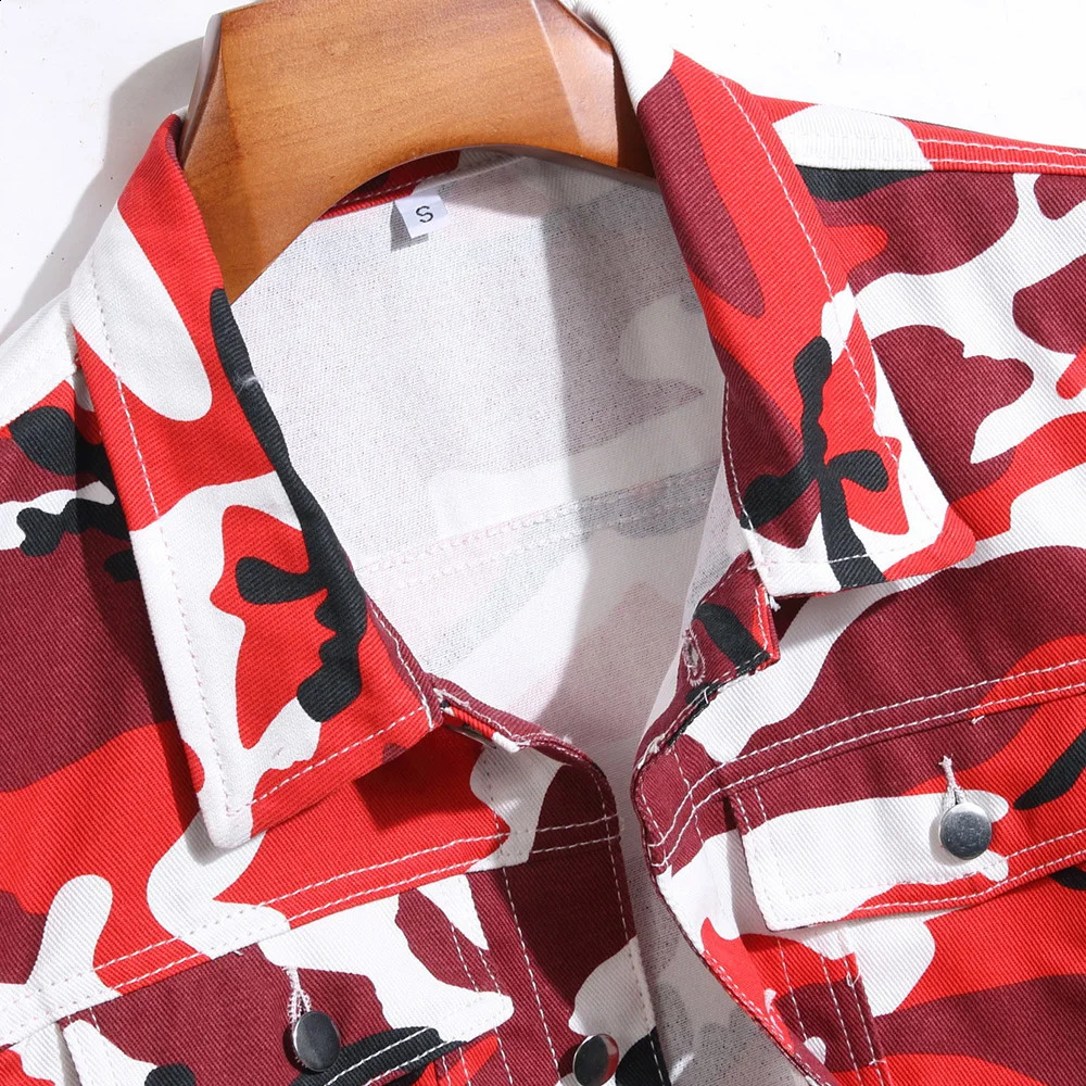 Men Red Camouflage Denim Vest Casual Cotton Waistcoat Tank Top 250206