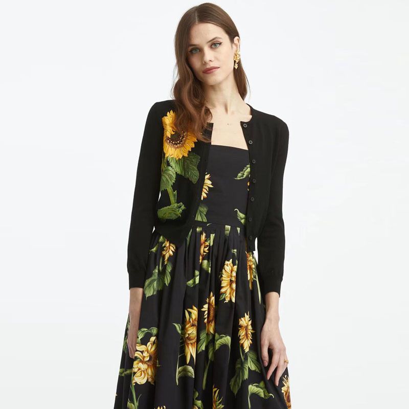 OC1325M7 Women's Two Piece Sets Multicolored Dress Round Neck Long Sleeved Embroidered Knitted Top+printed Dress