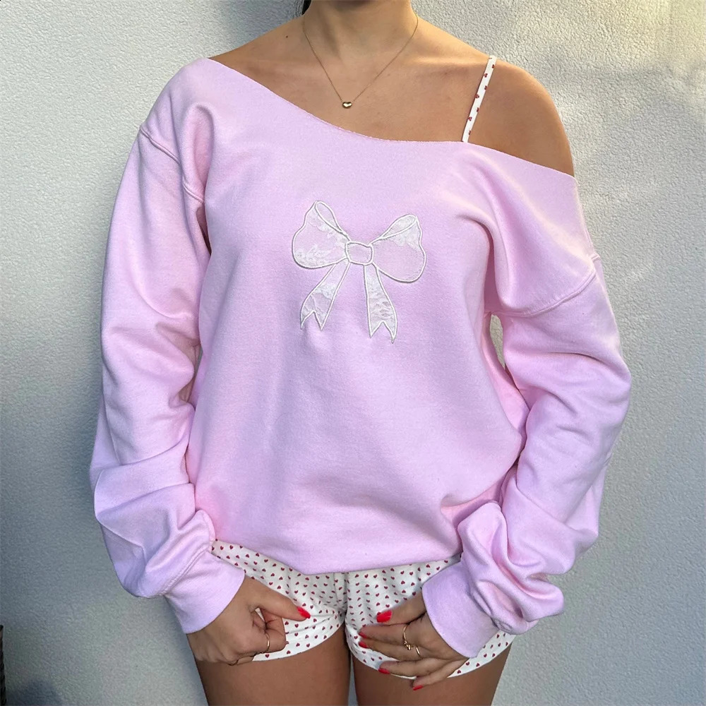 Women Coquette y2k Clothes Off Shoulder Sweatshirts Bow Print Loose Long Sleeve Pullovers Crewneck Kawaii Tops Streetwear 250121