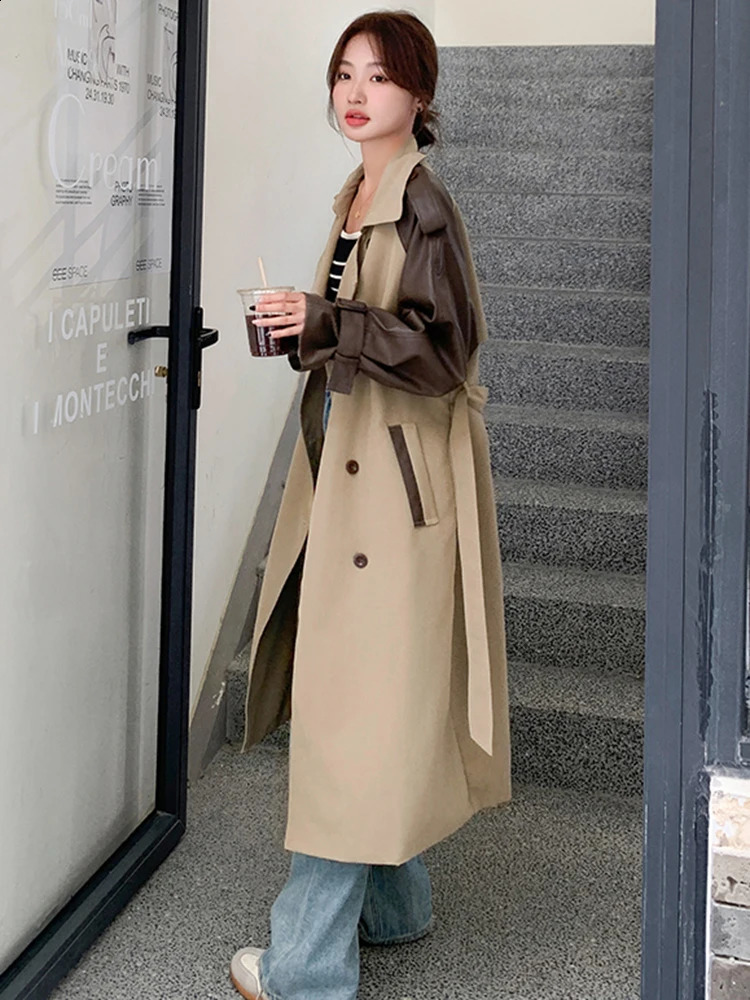LANMREM Vintage Long Trench Coat Women Lapel Leather Spliced Sleeves Belt Double Breasted Windbreaker 2025 Spring 2AA2586 250118