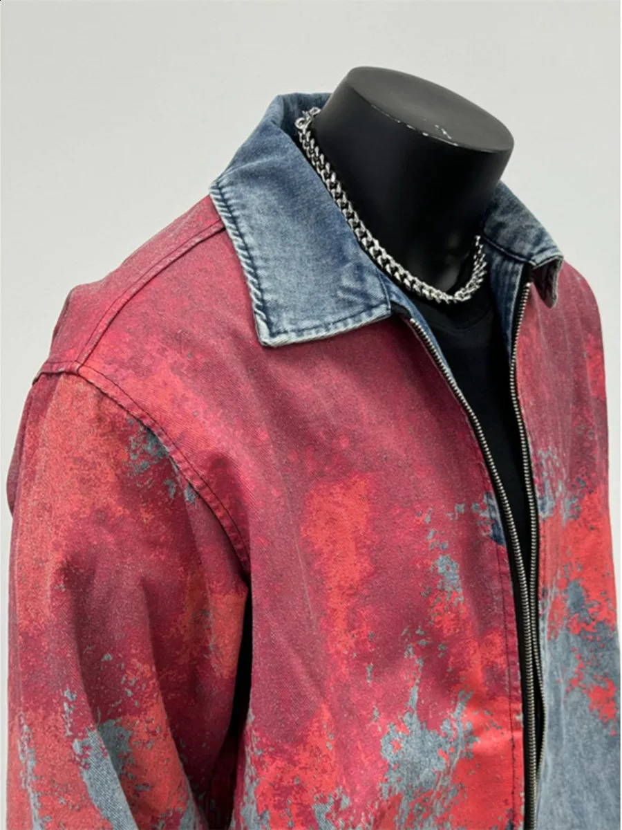 Retro Tie Dye Washed Denim Jacket Men Women Varsity University Coat High Streetwear Old School Chic Cow Boy Bomber Coat 250206