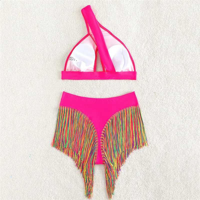 Sexy Fringe Tassel High Wasit Bikini Set One Shoulder Swimwear Hollow Out Swimsuits Woman 2024 Bathing Suit Bikinis Muejr Summer 250121