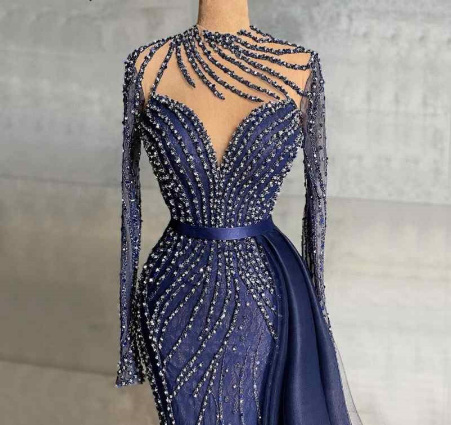 Sparkly Beaded Mermaid Prom Dresses Sexy Sheer Neck Long Sleeve Crystal Beading Sweep Train Formal Evening Gowns