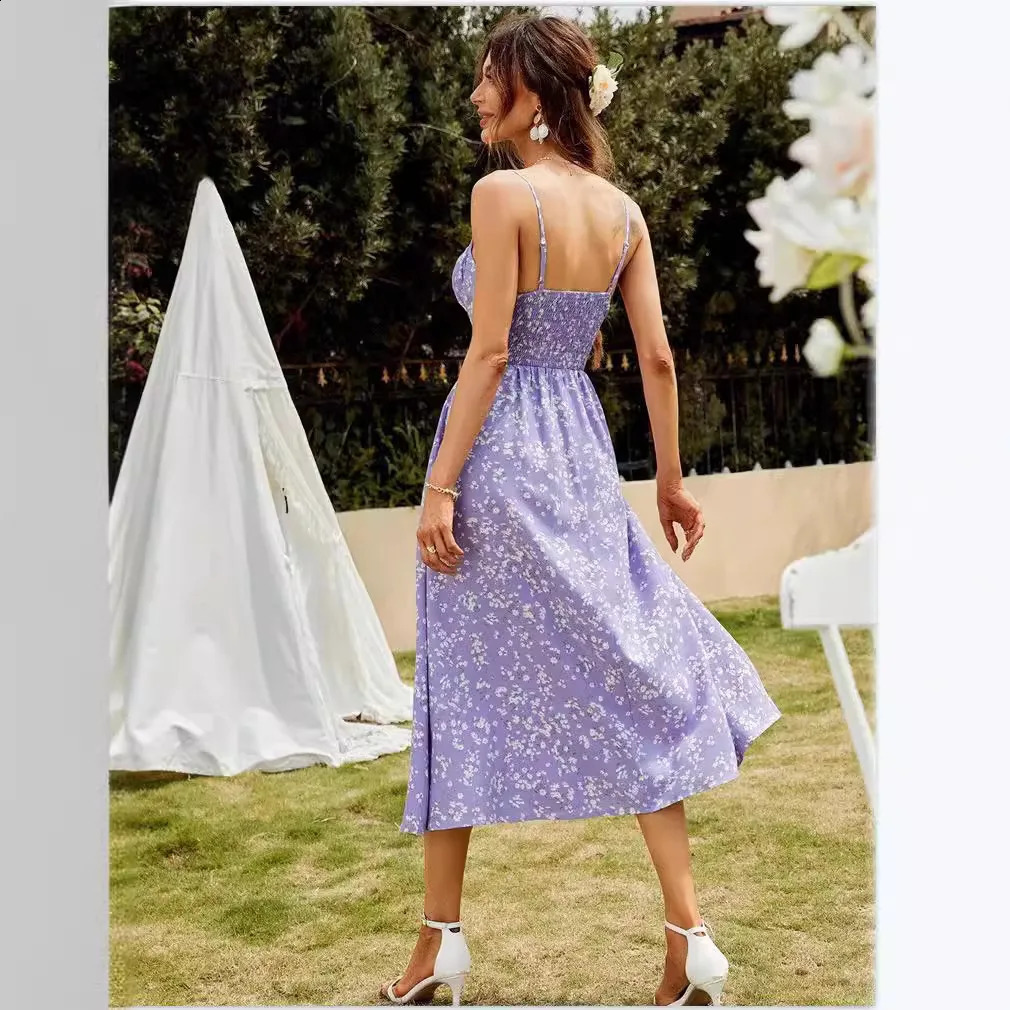 Elegant Purple Summer Sexy Strap Print Split Midi Dress Sling Front Floral Print Vacation Party Long Dresses robe longu vestido 250206