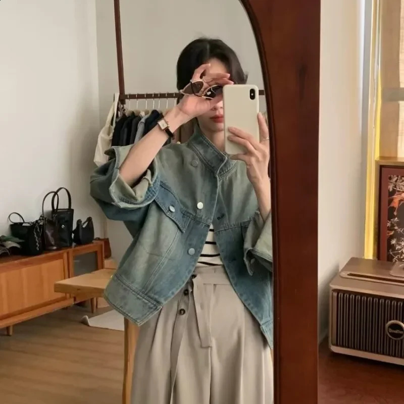 Cropped Denim Jackets Women Vintage Hipster Japanese Style Stylish Office Lady Slouchy Loose Streetwear Daily All-match Outwear 250122