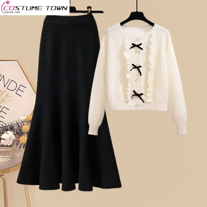 Spring and Autumn Set Womens Korean Style Slim Knitted Sweater Fish Tail Half Skirt Two Piece Fashion 250120