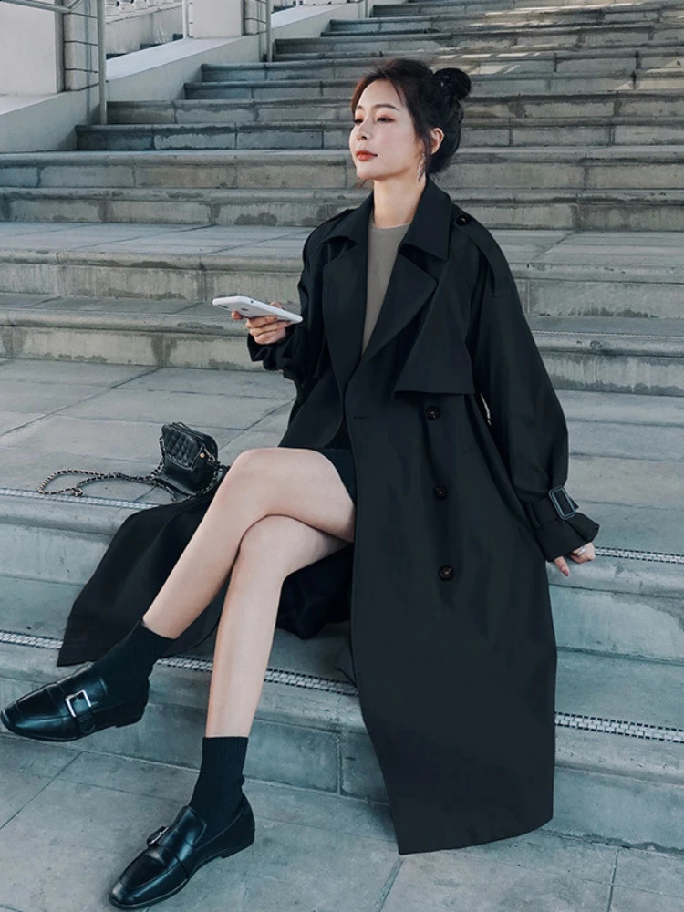 Spring and autumn khaki trench coat suitable for elegant women Korean loose coat casual streetwear windproof 250118