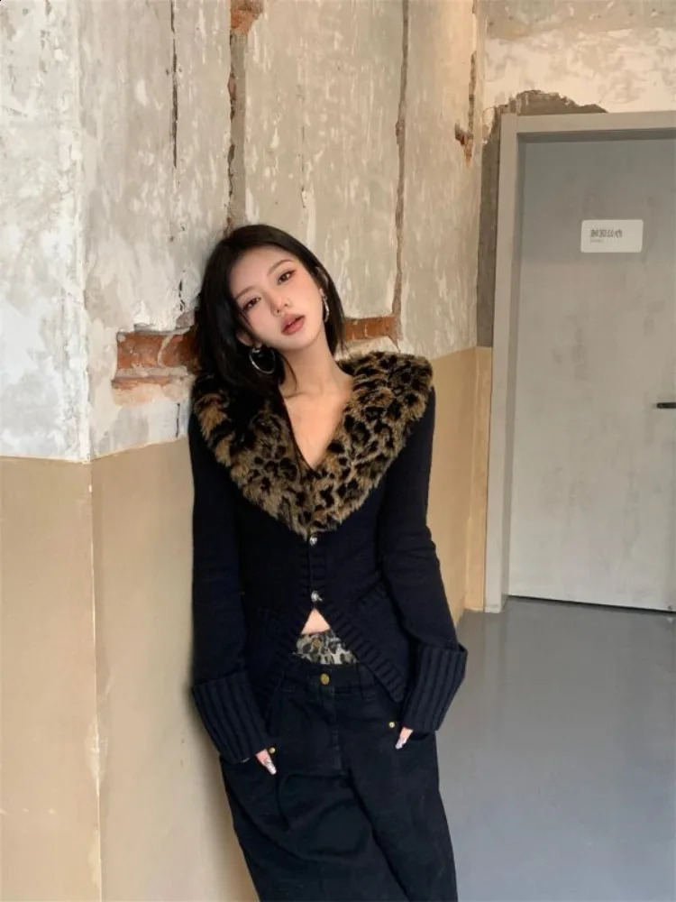 American V-neck Leopard Print Fur Collar Cardigan Autumn Winter Sweaters Coat Y2k Slim Fit Long Sleeve Tops Women 250122