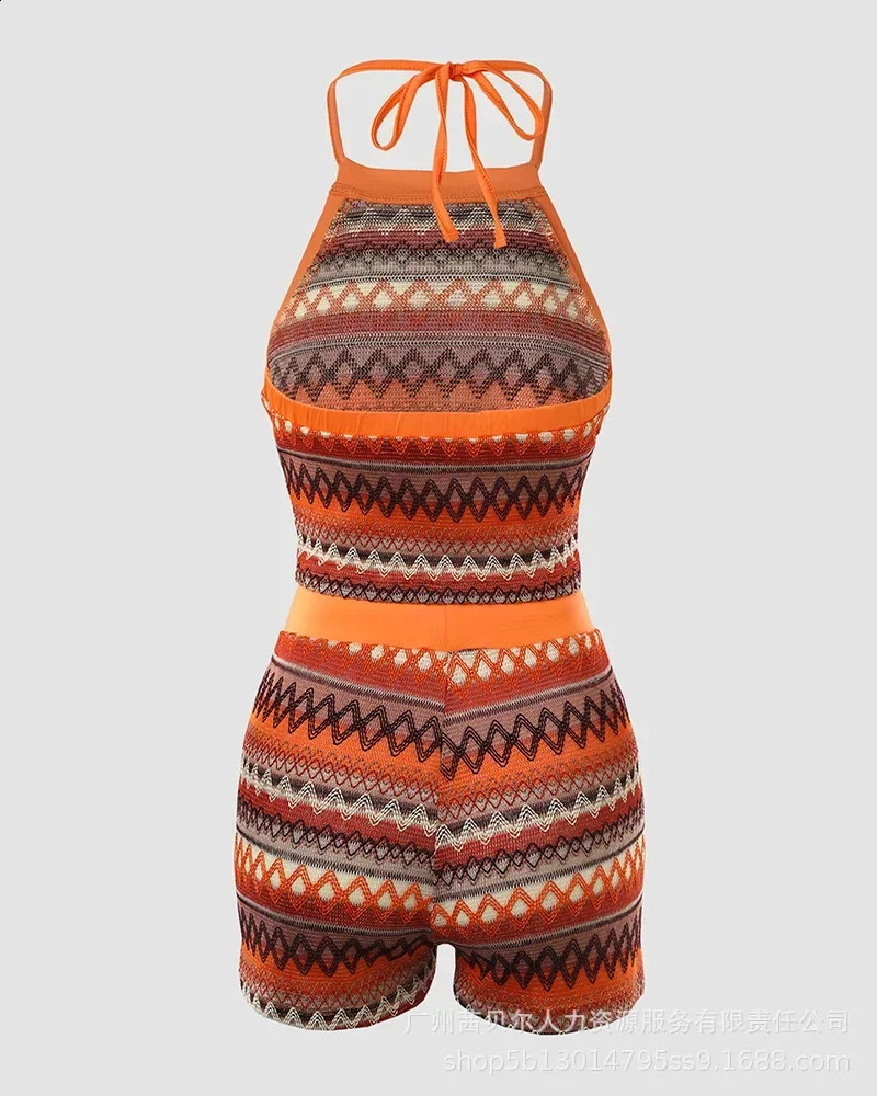 Geometric Patttern Halter Top Drawstring Shorts Set Sleeveless Tank Top High Waist Shorts Pants 2pcs Clothes Set 250319