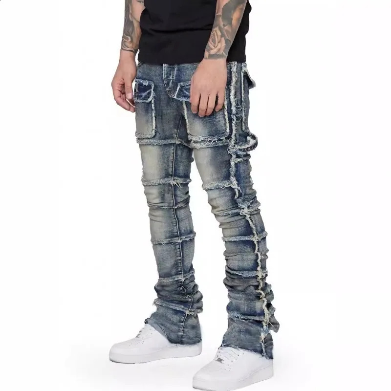 Stretchy Retro Cargo Jeans Men Ripped Washed Pants Straight Leg Male Patched Denim Trousers Y2k Hip Hop Streetwear Trouser 250206
