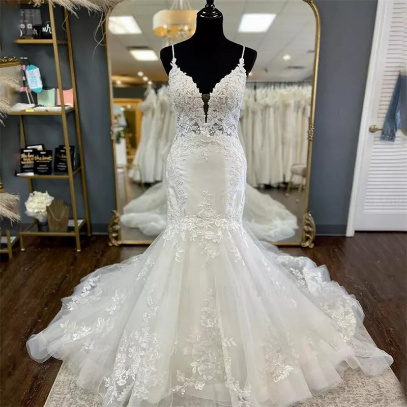 Romantic Mermaid Wedding Dresses 2025 Spaghetti Straps Appliques Lace Civil Country Bride Dress Backless Beach Bridal Robe De Mariee Fairy Vestio De N