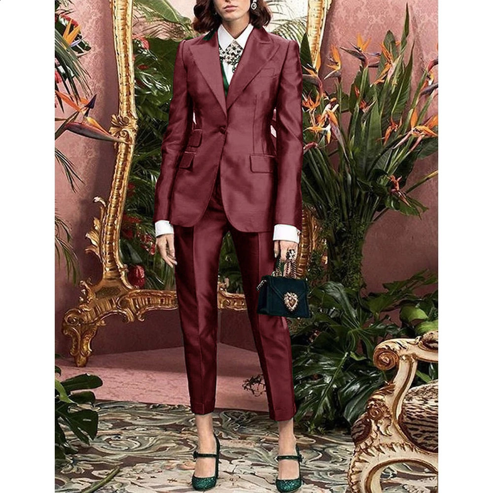 Satin Womens Suit Set Ladies 2 Pieces Pants and Top Evening Party Slim Fit Peaked Lapel Jacket Blazer Combi-pants 250206