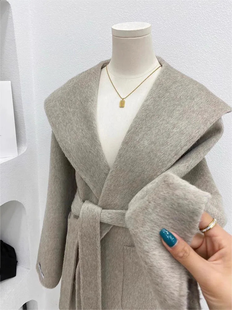 LANMREM Winter Wool Mid Length Coat For Women Lapel Belt Gathered Waist Solid Color Jackets 2024 Clothing 32C1603 250109Z