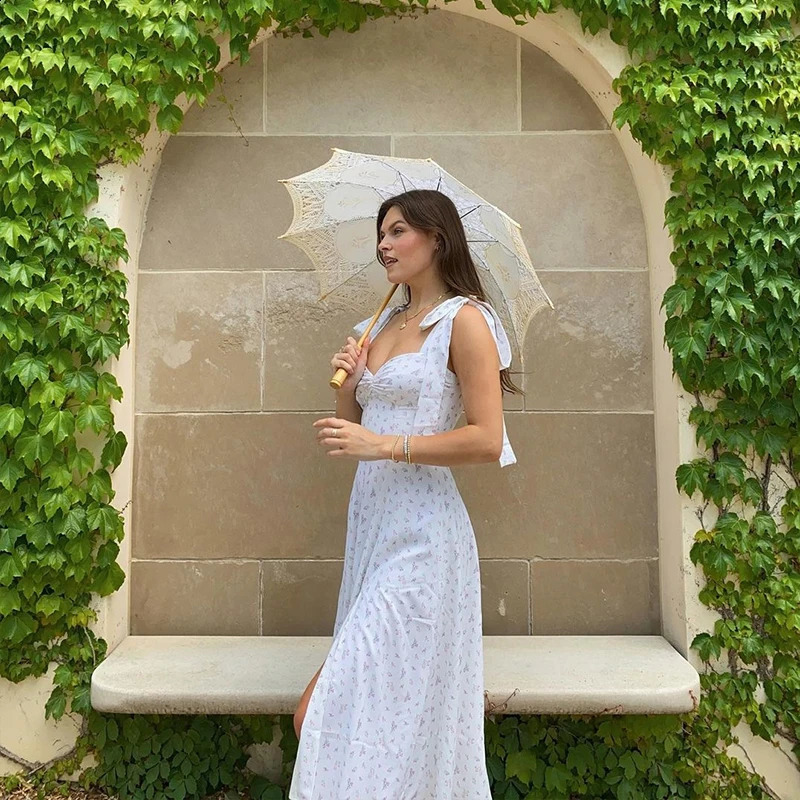 Sundress Midi Slip Backless Pleated Slit White Yellow Lace-up Flowers Ummer Spring Floral Dress Womens Sexy Casual Fashion 250206
