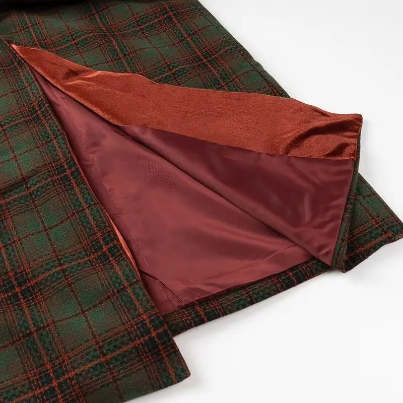 2024 autumn womens clothing style fashionable and versatile simple color blocked plaid wool long coat 250109Z