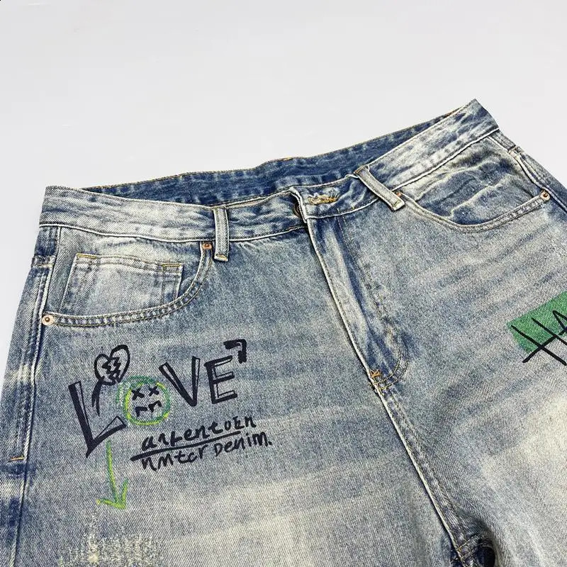 American Retro Street Style Personalized Printed Straight Leg Jeans for Men Loose Fitting Washed High Street Hip-hop Pants 250118