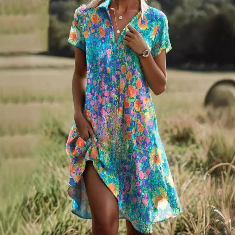 Summer Womens Sexy V-neck Short-sleeved Midi Dress Fashionable Bohemian Retro Printed Casual Loose Dresses For Women 250206