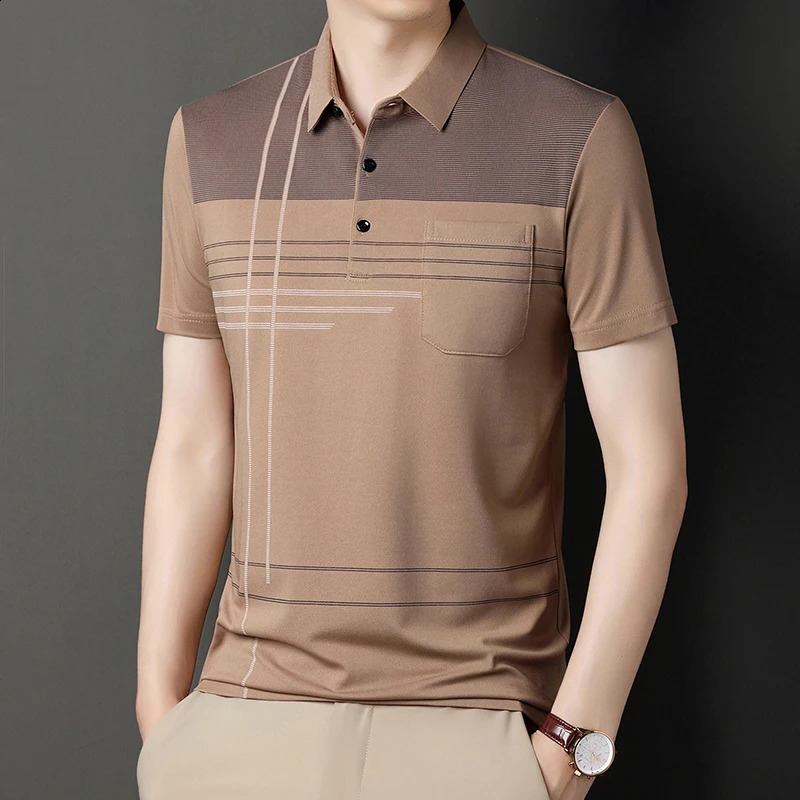 Summer Mens Color Blocking Polo Shirt Pocket Button Up Tshirt Casual Slim Fit Comfortable Short Sleeved Breathable Top 250113Z