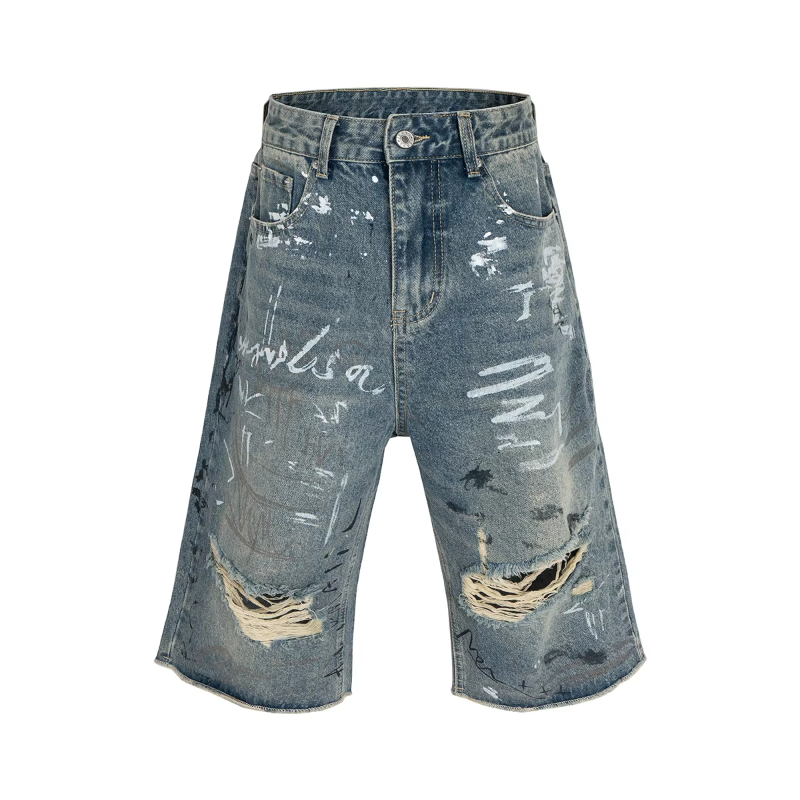 New Summer Hand Drawn Graffiti Ripped Seven Quarter Jeans Mens Straight Wide Leg Frayed Hole Blue Denim Shorts Oversized