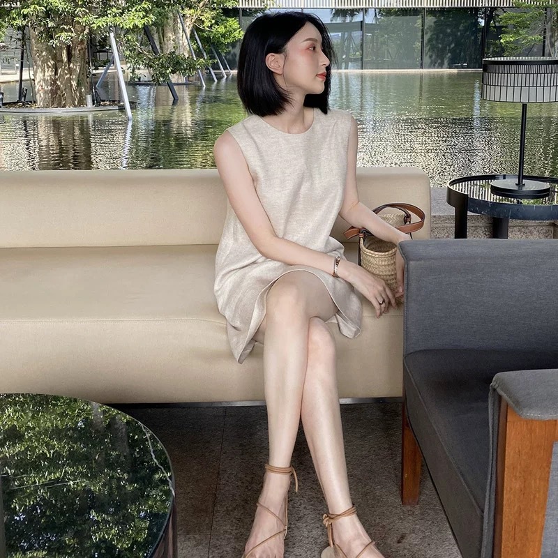 P4200 New summer atmosphere plant dyeing mid-length linen vest dress round neck sleeveless dress summer