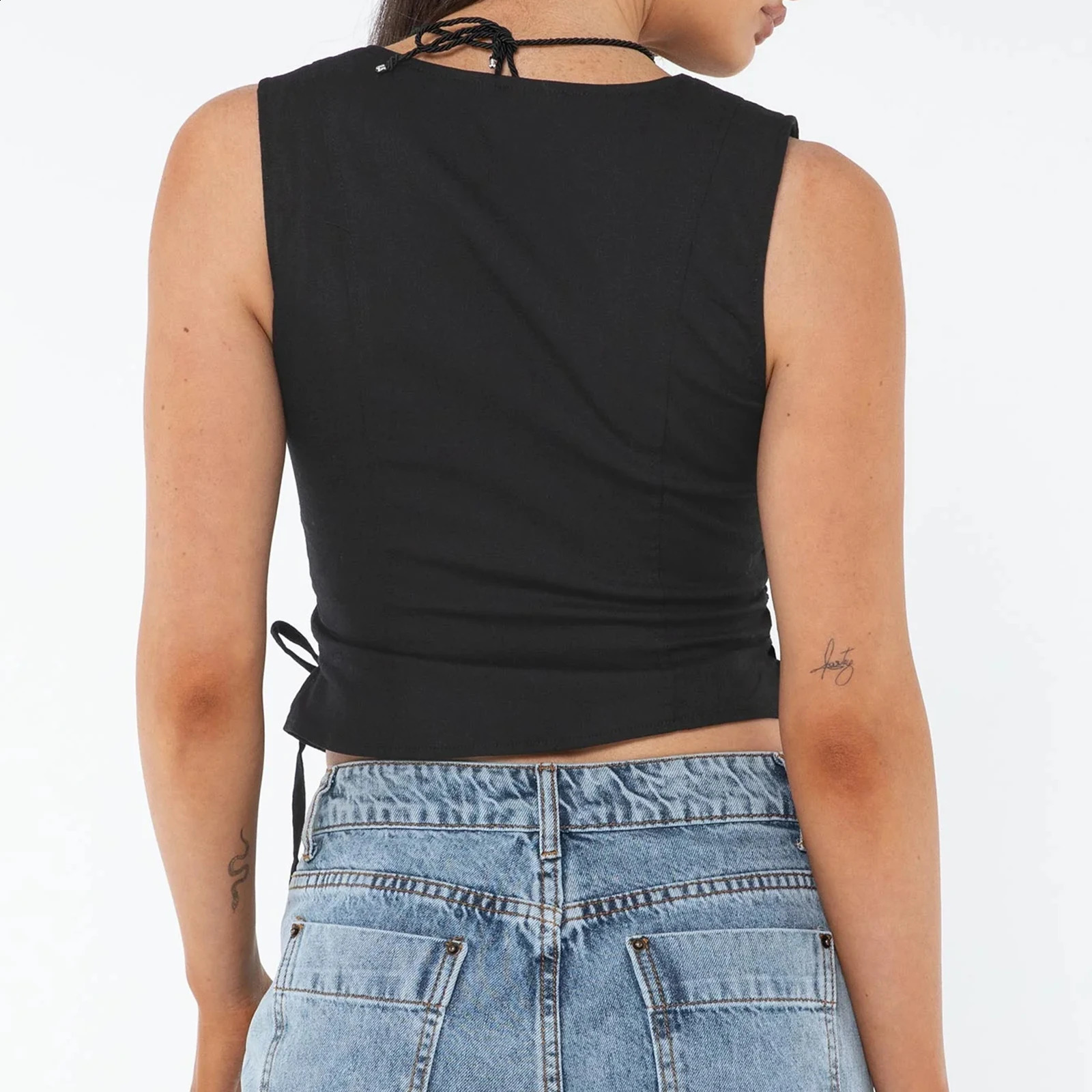Summer Vintage Side Bandage Crop Tops Women Solid Color Button Up V Neck Sleeveless Vest Fashion Streetwear Fitted Tank Tops 250206