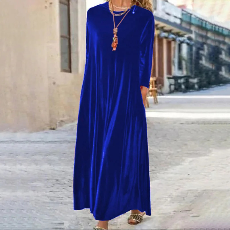Spring Golden Velvet European and American Slim Style Round Neck Long Dress 250122