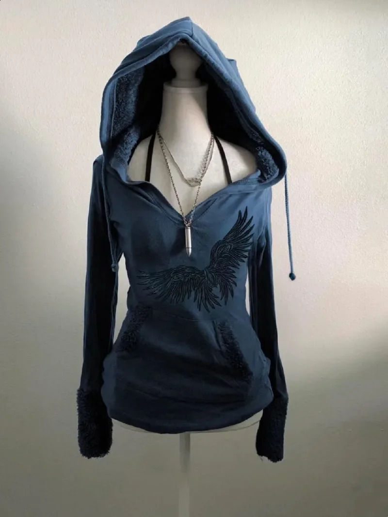 American Gothic Y2K Print Pattern Blue Lamb Wool Hoodies Women Autumn Retro Millennial Girl Slim Harajuku Street Casual Top 250206