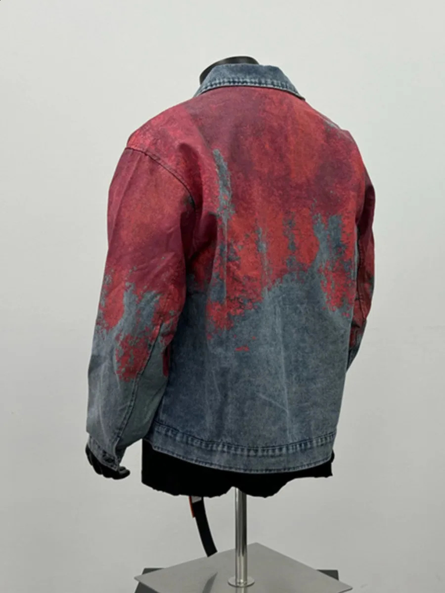 Retro Tie Dye Washed Denim Jacket Men Women Varsity University Coat High Streetwear Old School Chic Cow Boy Bomber Coat 250206