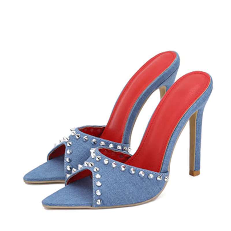 Liyke 2025 Summer Fashion Metal Rivet Designer High Heels Women Slippers Sexy Pointed Toe Party Stripper Shoes Mules Sandals