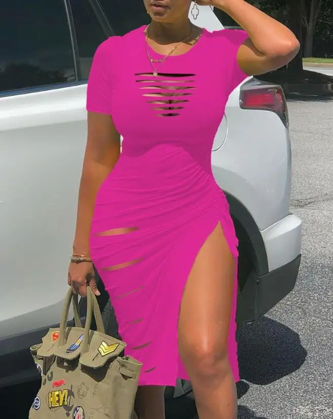 Sexy Summer Dresses for Women Short Sleeve O-Neck Candy Ladder Cutout Drawstring Ruched High Slit Hollow Out Skinny Dress 250206
