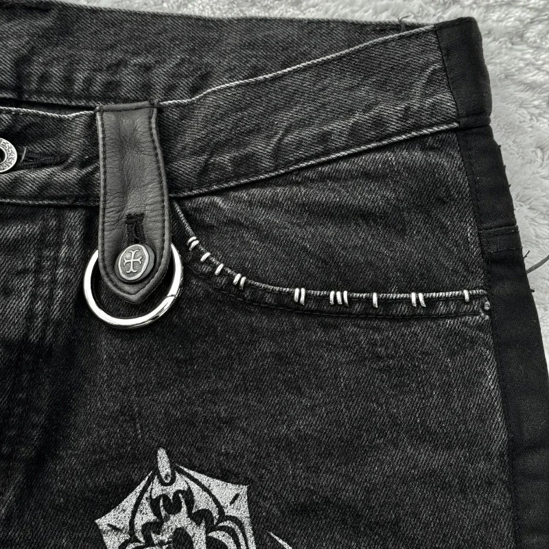 Y2K baggy Jeans Black Vintage Cross Leather Detail Punk Flared Jeans Gothic Streetwear Harajuku men women Casual wide leg jeans 250206
