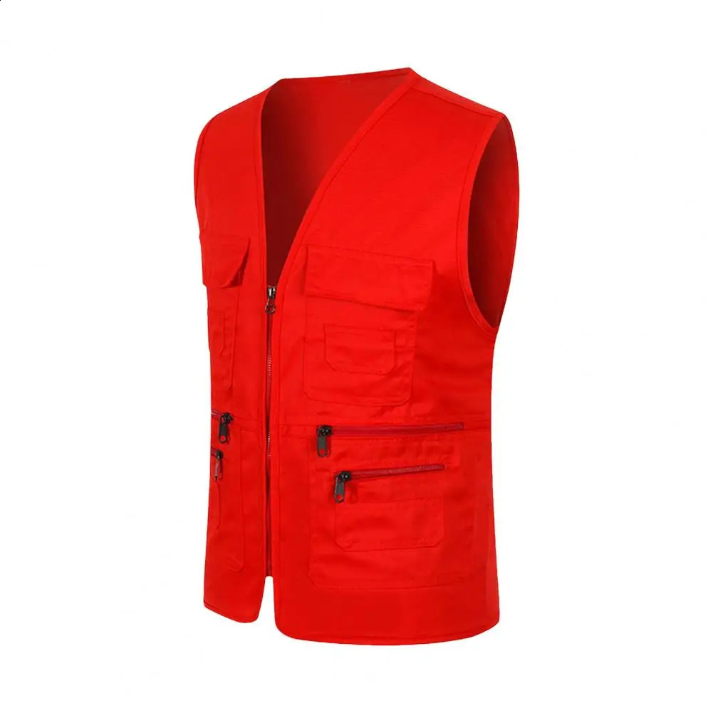 Cargo Waistcoat Men Mens Summer Cargo Waistcoat With Multi Pockets V-neck Zipper Placket Sports Vest For Safety Work 250206