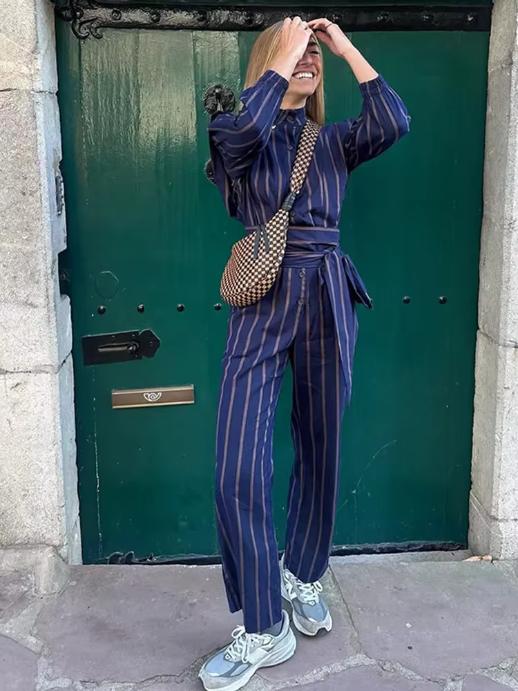 Spring Striped Slim High Waist Pants Sets Women Print Lace Up O-Neck Full Sleeve Shirt Top Suit 2025 Lady Streetwear Outfits