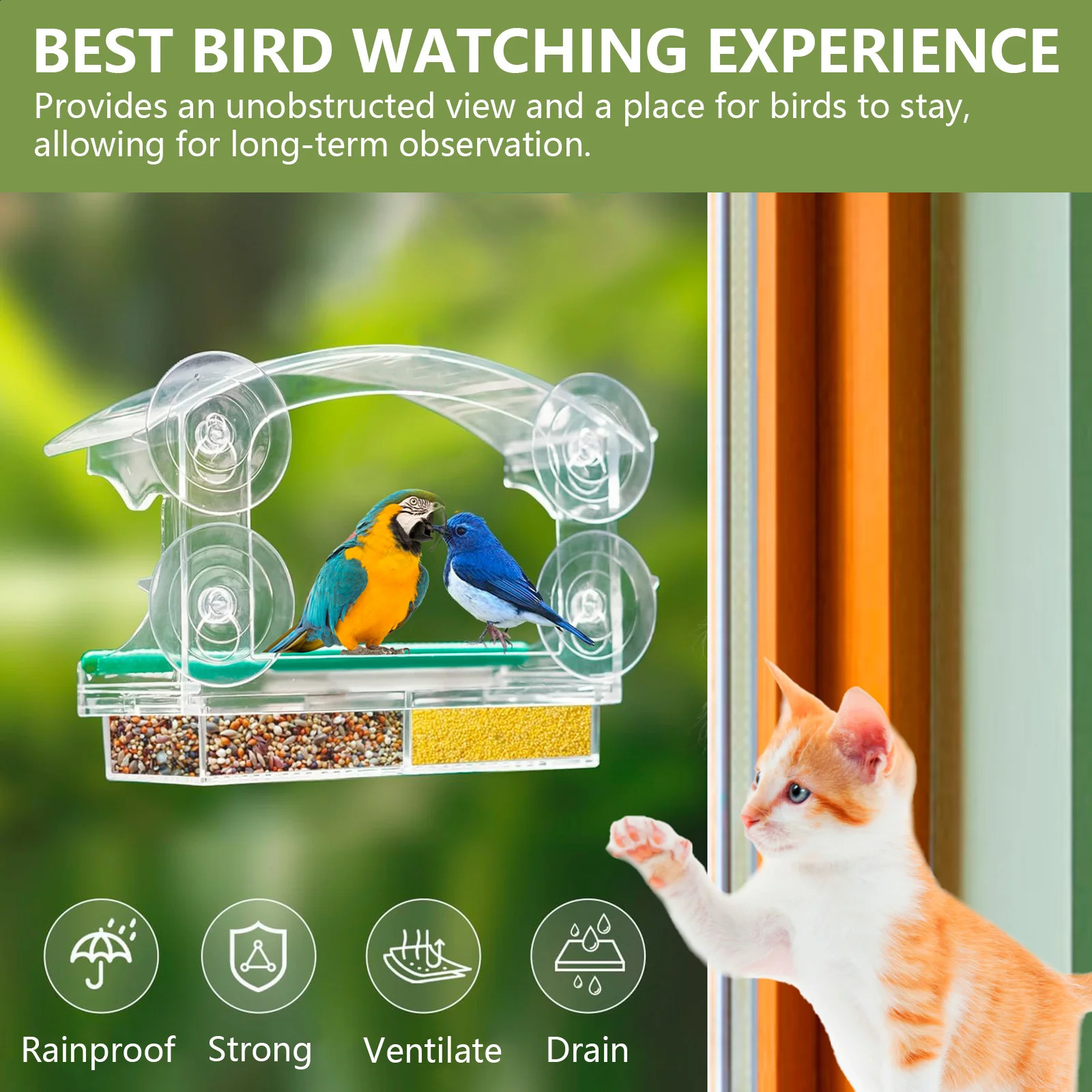 Acrylic Window Bird Feeder Clear Bird House With Suction CupsRemovable Tray and Perch Weatherproof Outdoor Bird Food Container 250121