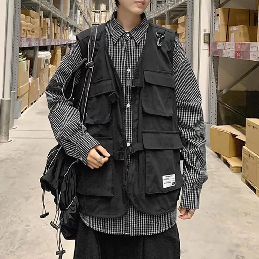 Multi-pocket Men Vest Sleeveless Solid Color Zipper Fly Waistcoat Loose Fit Casual Pographer Waistcoat Outdoor Cargo Vest 250206